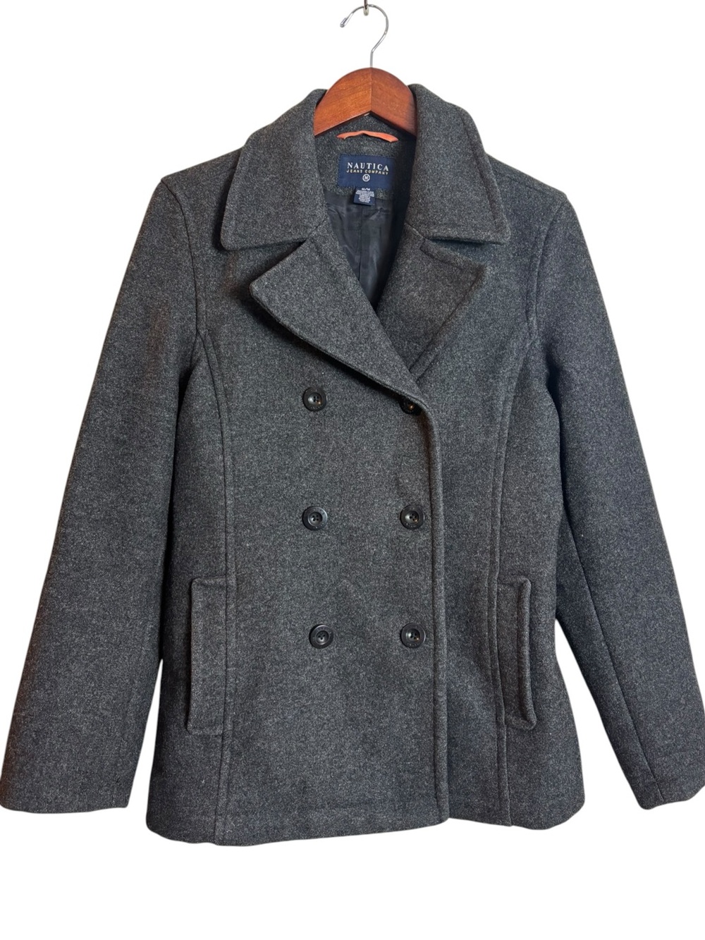 Nautica Men's Charcoal Grey Gray Pea Coat Jacket Medium Wool Fall Winter Classic